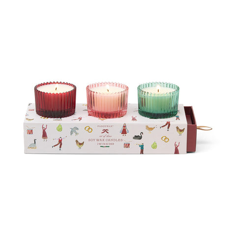 Paddywax Christmas Geschenkset – 3 Mini-Duftkerzen im gerippten Glas: Winter Berry, Pink Peppermint, Balsam Fir