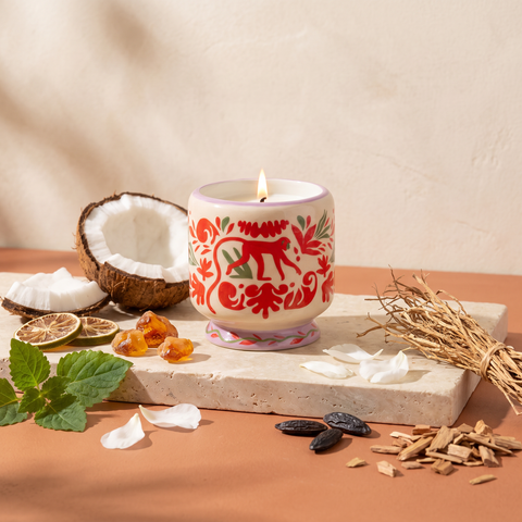 Paddywax Adopo Jungle – Coconut & Amber Keramik Duftkerze mit Duftzutaten: Kokosnuss, Limette, Amber, Patchouli, Vetiver, weiße Blüten, Tonkabohne und Sandelholz