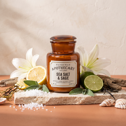 Paddywax Apothecary Sea Salt & Sage - Duftkerze - 226g mit Duftzutaten: Meerbrise, Zitrone, Limette, Lilie, Meeresnoten, Seegras, Salbei und Treibholz