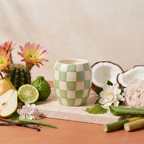 Paddywax Checkmate - Light Green- Cactus Flower - Keramik Duftkerze - 311g mit Duftzutaten: Bergamotte, Birne, Apfelblüte, Kokoswasser, Kaktusblüte, Gardenie, Pfingstrose, Aloe Vera, Matcha, Vanille und Bambus