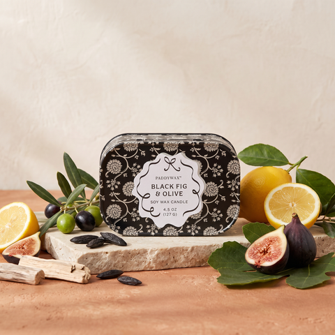 Paddywax Chérie - Black Fig & Olive - Tin Duftkerze - 127g mit Duftzutaten: Olivenblätter, Meyer-Zitrone, Aldehyde, schwarze Feige, Feigenblätter, Tonkabohne, Moschus und helles Holz
