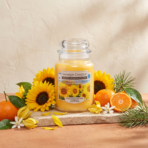 Yankee Candle Sunflower Fields - Duftkerze - 538g mit Duftzutaten: Blütenblätter, Mandarine, aquatische Noten, Sonnenblume, Orangenblüte, Ylang-Ylang und Kiefer