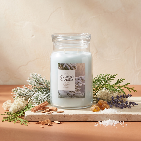 Yankee Candle Snow Kissed Pine - Signature 2 Docht Duftkerze - 567g mit Duftzutaten: Meeresnoten, Schnee, Zypresse, Lavendel, weißes Moos, Zedernholz, Sandelholz und Amber