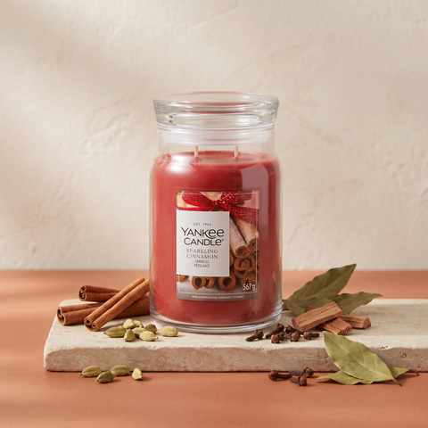 Yankee Candle Sparkling Cinnamon - Signature 2 Docht Duftkerze - 567g - Neues Design mit Duftzutaten: Zimt, Kardamom, Nelke, Lorbeerblatt und Zedernholz